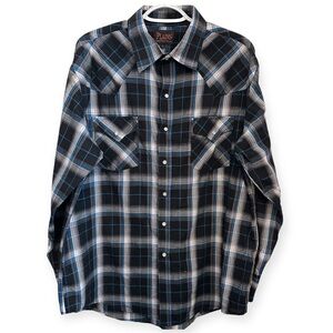 EUC PLAINS Western Wear Men's Black and Blue Plaid Button Down Shirt